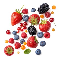 A Vibrant Explosion Of Summer Berriesstrawberries, Blueberries, Raspberries, And Blackberriesdancing Joyfully Against A Bright White Background
