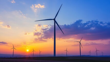 Obraz premium A modern wind farm at sunset, large turbines generating