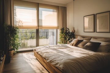 Fototapeta premium Sunlit bedroom with wooden bed, plants, and neutral decor.