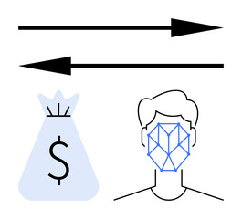 Money bag with dollar sign, human face outline with geometric recognition pattern, and bidirectional arrows. Ideal for payment security, AI, face ID, transactions, technology, biometrics identity