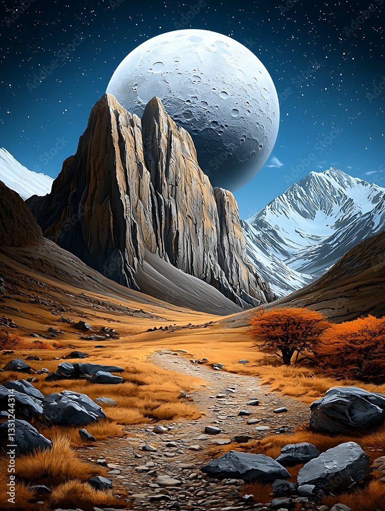 Wall mural surreal landscape with a large moon calming rhythms meditation beats concept