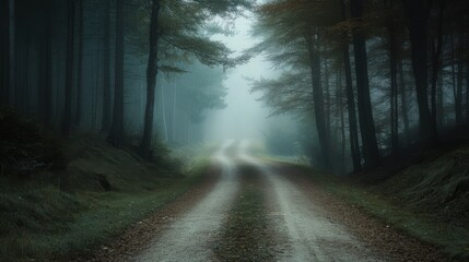 Fototapeta premium A narrow dirt road leading into a mystical misty forest,
