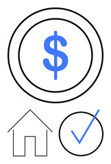 Fototapeta premium Blue dollar sign surrounded by a circle, house outline, and blue checkmark. Ideal for finance, real estate, savings, investment, mortgage housing loans financial planning. Flat simple metaphor