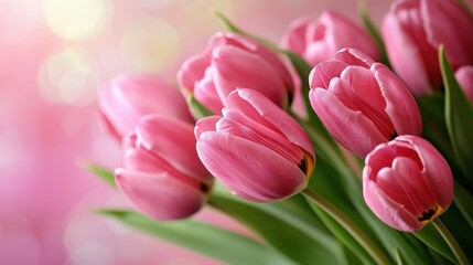 Obraz premium Pink Tulips Bouquet with Gentle Bokeh Background for Spring Celebrations and Joyful Moments