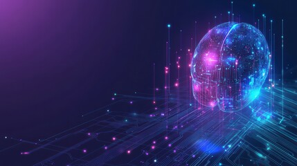 Obraz premium Digital Brain's Innovation: A conceptual image of a digital brain, illuminated with vibrant neon lights, symbolizing innovation and the interconnectedness of technology. 