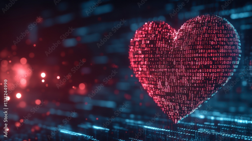 Poster digital heart in futuristic world: a glowing digital heart composed of interconnected pixels pulses 