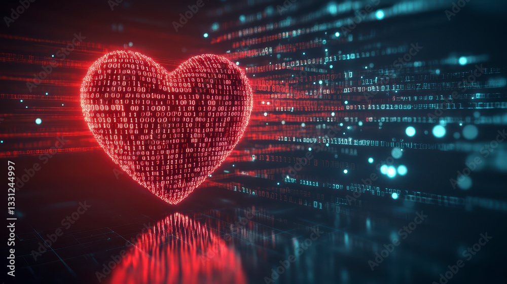 Poster digital heart: a glowing heart made of binary code pulses with vibrant red light against a dynamic b