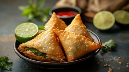 Deep fried sambosa cheese samosa triangle wrap with lime and cucumber served in dish isolated on table top view of food