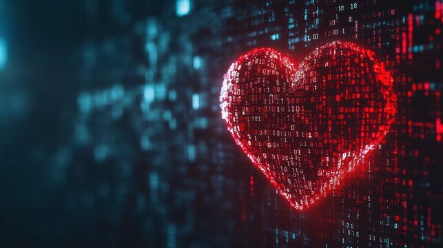 Digital Heart: A vibrant, glowing heart comprised of intricate digital code floats against a backdrop of flowing binary data - Powered by Adobe