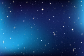 Naklejka premium Starry night sky. Dark blue space. Vector magic universe illustration. Abstract winter gradient with sparkles. Bright cosmic wallpaper with glitter. Outer space realistic backdrop