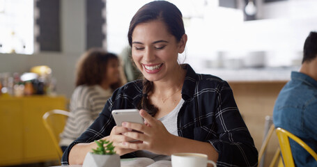 Happy, funny and woman in cafe, smartphone and typing with social media, excited and relax. Person, mobile user and girl in restaurant, coffee and cellphone with digital app, message and herbal tea