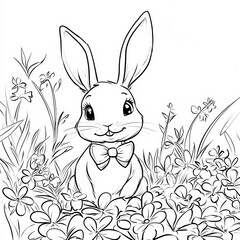 Elegant Rabbit in a Floral Meadow: A charming illustration of a rabbit with a bow tie amidst a bed of flowers, symbolizing the arrival of spring and new beginnings. 