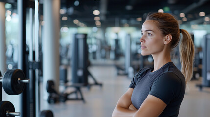 Fototapeta premium Focused woman at a modern gym during a break from weightlifting
