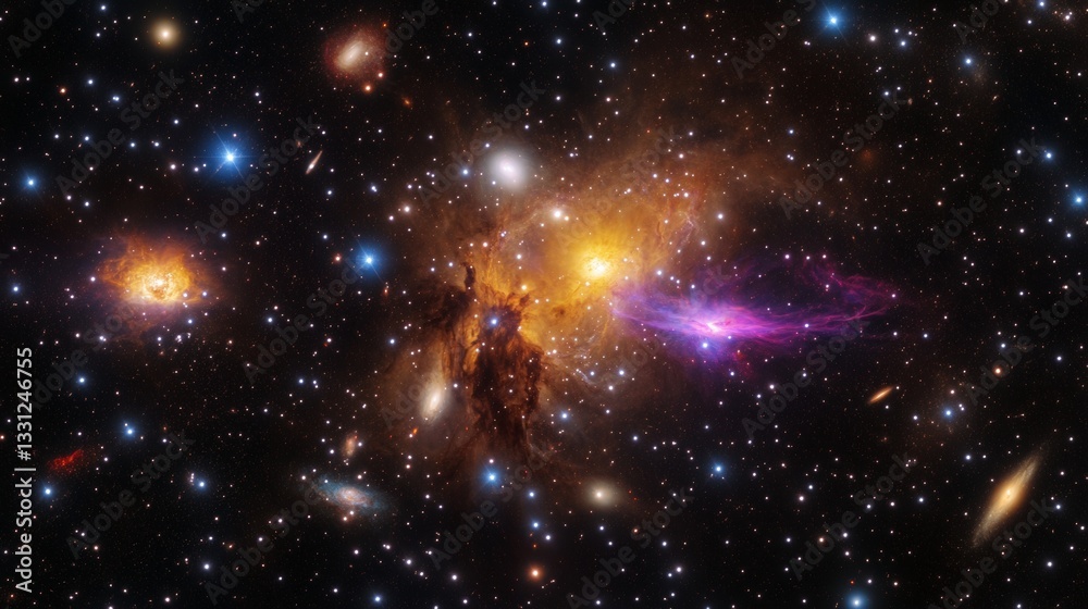 Wall mural galaxy background, with stars and colorful nebula clouds. outer space astronomy image showing an int