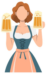 Oktoberfest Girl Wearing Dirndl Dress, Holding Beer Mug.