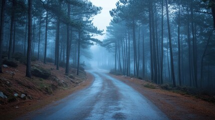 Obraz premium A quiet road through a foggy pine forest, mysterious