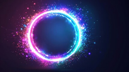 Neon Circle Frame Design with Sparkling Particles