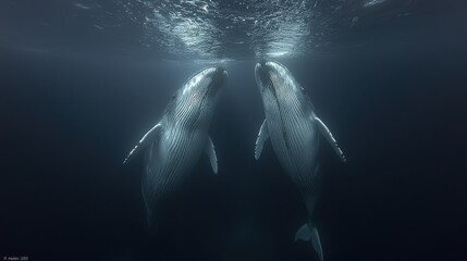 Fototapeta premium Humpback Whale Pair Underwater Ballet Two Majestic Creatures Encounter in Deep Blue Oceanic Embrace