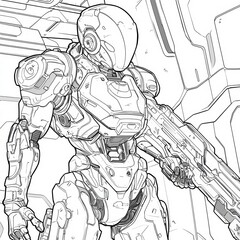 Cybernetic Warrior's stance: A robotic warrior stands in futuristic interior, holding a weapon ready for action, this image represent strength, technology and action