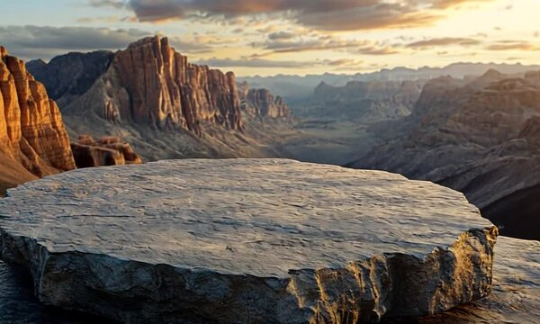 A large, flat stone sits atop a rocky ledge, overlooking a breathtaking sunset over mountains