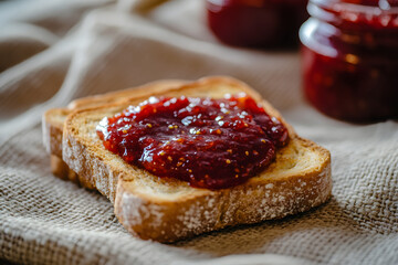 Breakfast delight: Toast with a rich layer of homemade strawberry jam and butter.