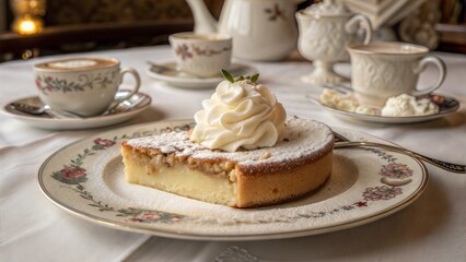 Delicious Nusstorte served with cream on vintage plate, Swiss café ambiance