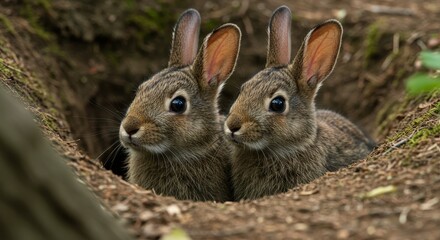Fototapeta premium Two Rabbits in Burrow - Two adorable brown rabbits peering from their burrow in the earth