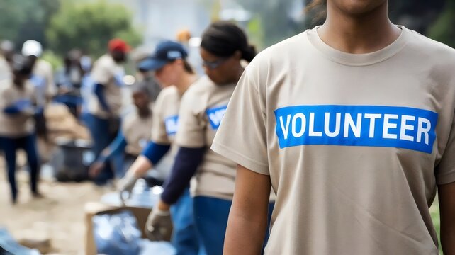 Volunteer wearing a t-shirt with the word "Volunteer" – Great for community engagement, humanitarian campaigns, or volunteer-based initiatives.