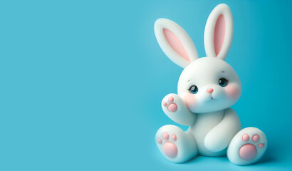 white plush bunny on blue background, cute toy waving paw