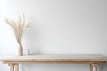 Rustic wooden table with pampas grass in vase. Ideal for minimalist, home decor, or lifestyle product displays.