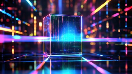 Neon cube in futuristic city