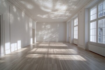 Obraz premium Sunlit empty room with hardwood floors and large windows.