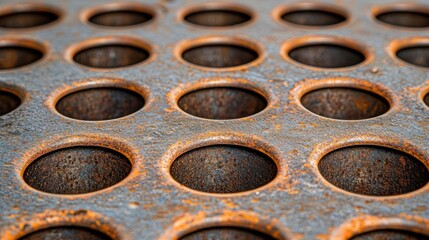 Rusty metal grid with circular holes, close-up texture detail