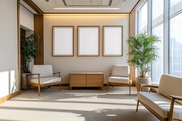 Fototapeta premium Modern office waiting area with three blank frames, wooden furniture, and large windows.