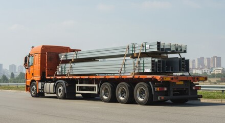 Steel Beam Transport Truck on Highway - A large orange semi-truck transports long steel beams on a flatbed trailer. The symbolizes industry, construction, logistics, transportation, and infrastructure