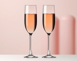 Two elegant champagne flutes filled with rosy sparkling drink against a soft pink background, exuding a celebratory and sophisticated vibe.