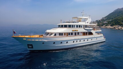 Luxurious white motor yacht cruising on the open sea against the backdrop of a green coastal hillside.