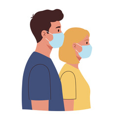 Obraz premium People wearing face masks in a flat, minimal design vector illustration