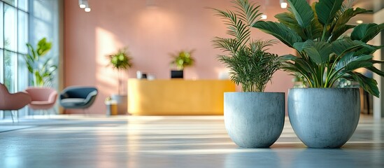 Serene Office Lobby with Lush Greenery and Modern Furniture