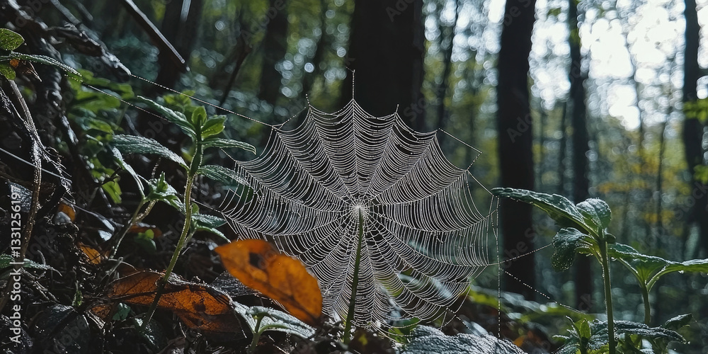 Poster delicate spider web glistens with dew in serene forest setting, surrounded by lush greenery and fall
