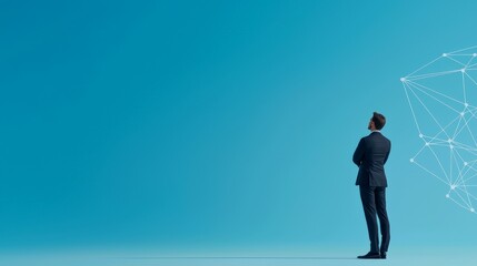Strategic Business Mindset for Focused Leadership, A businessman stands in front of a blue background, contemplating a digital network concept.