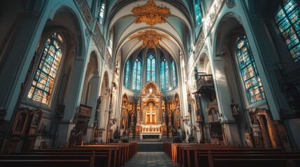 Fototapeta premium Ornate Catholic Church Interior with Stained Glass and Golden Decorations