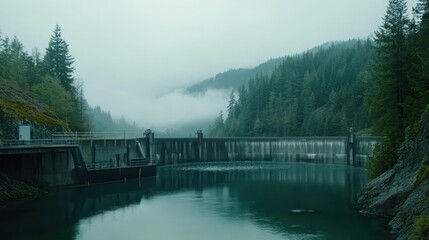 Fototapeta premium Misty mountain dam reservoir, hydroelectric power generation