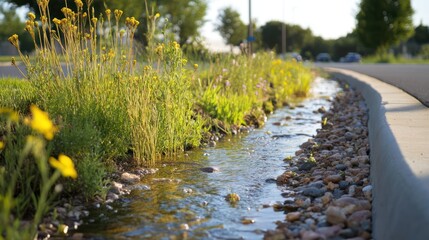 Roadside bio-swale, flowing water, wildflowers, urban landscape, stormwater management
