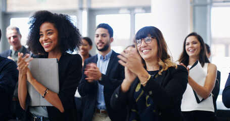 Audience, applause and business people in meeting for presentation, workshop and seminar in office. Corporate, company and men with women clapping hands for success, conference and collaboration
