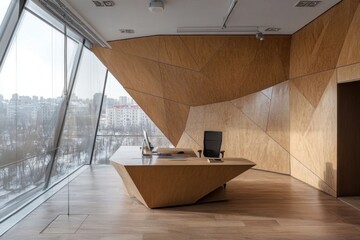 Modern office with geometric wood wall and desk, large window with city view.