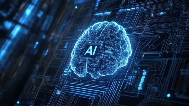 Digital Brain with "AI" Text on Circuit Board. Advanced Artificial Intelligence Technology and Neural Network Concept