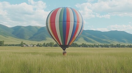 Fototapeta premium Colorful hot air balloon in a field with mountains.