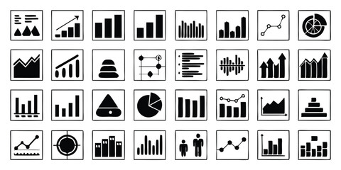 Black & White Data Visualization Icons: Charts, Graphs, Statistics, Business Analytics, Infographics, Data Analysis, Reporting, & Presentation