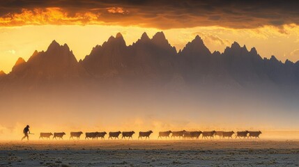 Silhouette of shepherd leading sheep, distant mountains, & golden sunset © mlangsen